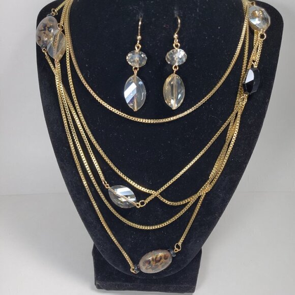 Layered Beaded Gold tone Long Necklace W/ matching Earrings - Women Jewelry - Picture 10 of 11